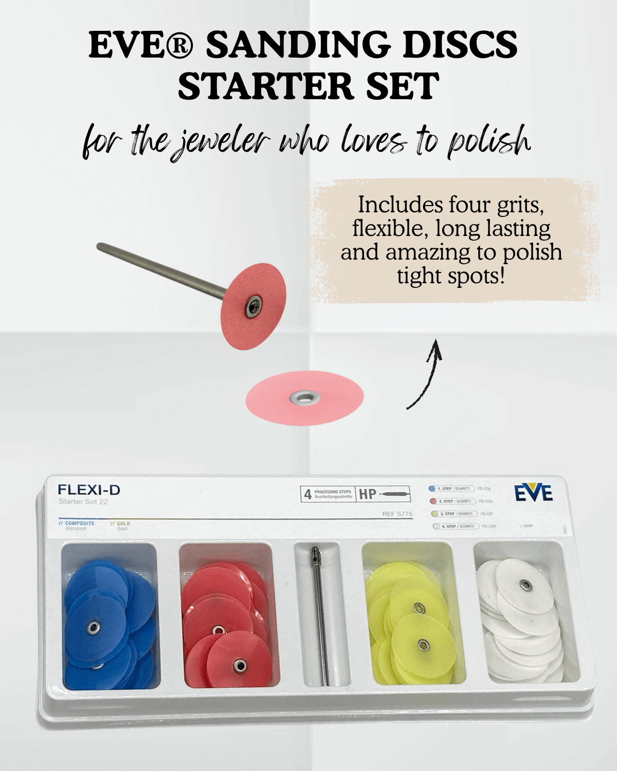 EVE Flexi-D Pop-On Sanding Discs Starter Set for jewelry makers, showing four color-coded grits and mandrel. Ideal polishing and finishing tools featured in the 2025 Metalsmith Society Gift Guide.