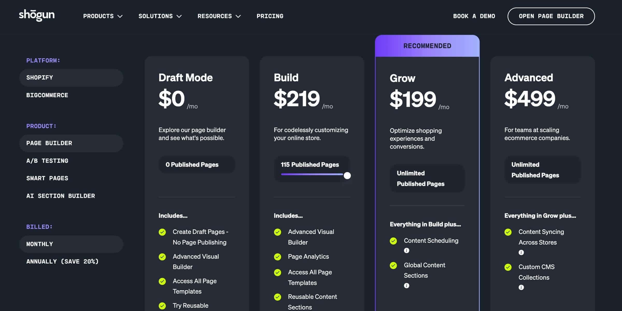 Shogun pricing page