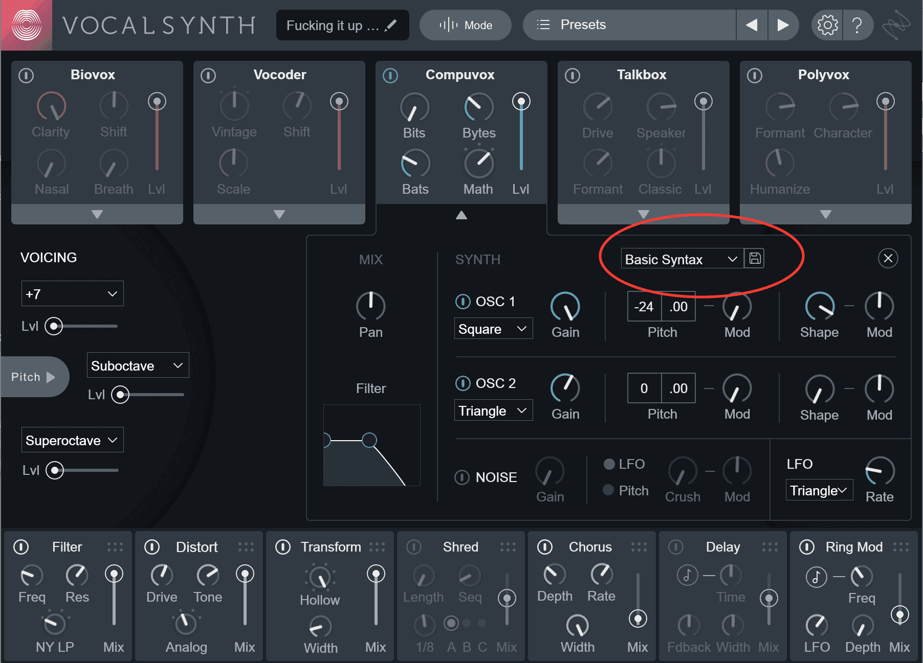 Compuvox Basic Syntax preset with parameters modified
