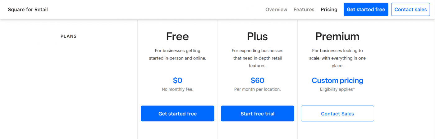 Square for retail pricing plans