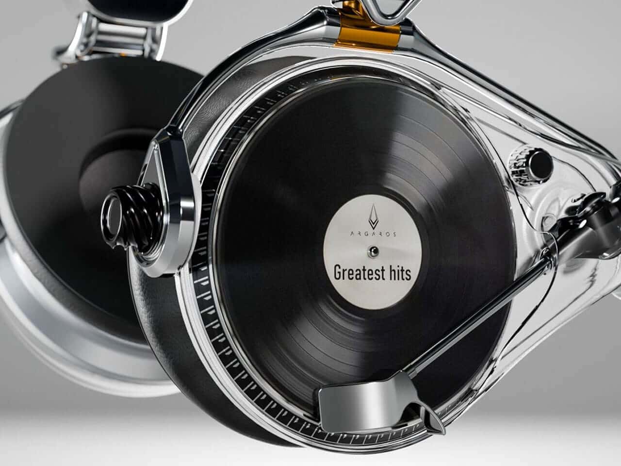 Close-up of the miniature turntable-inspired headphone interface