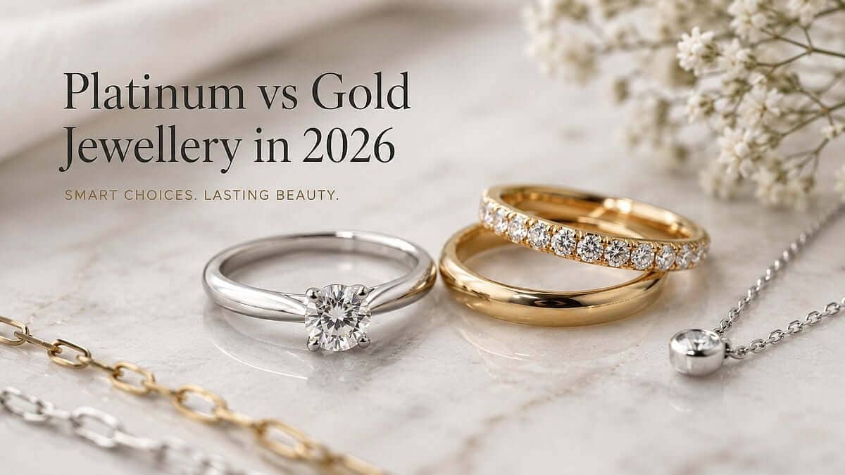 Platinum and gold diamond jewellery arranged together for a guide to choosing jewellery metals in 2026.
