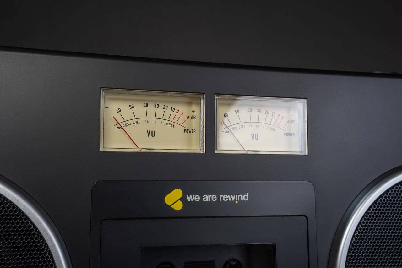 Close-up of analog VU meters glowing amber
