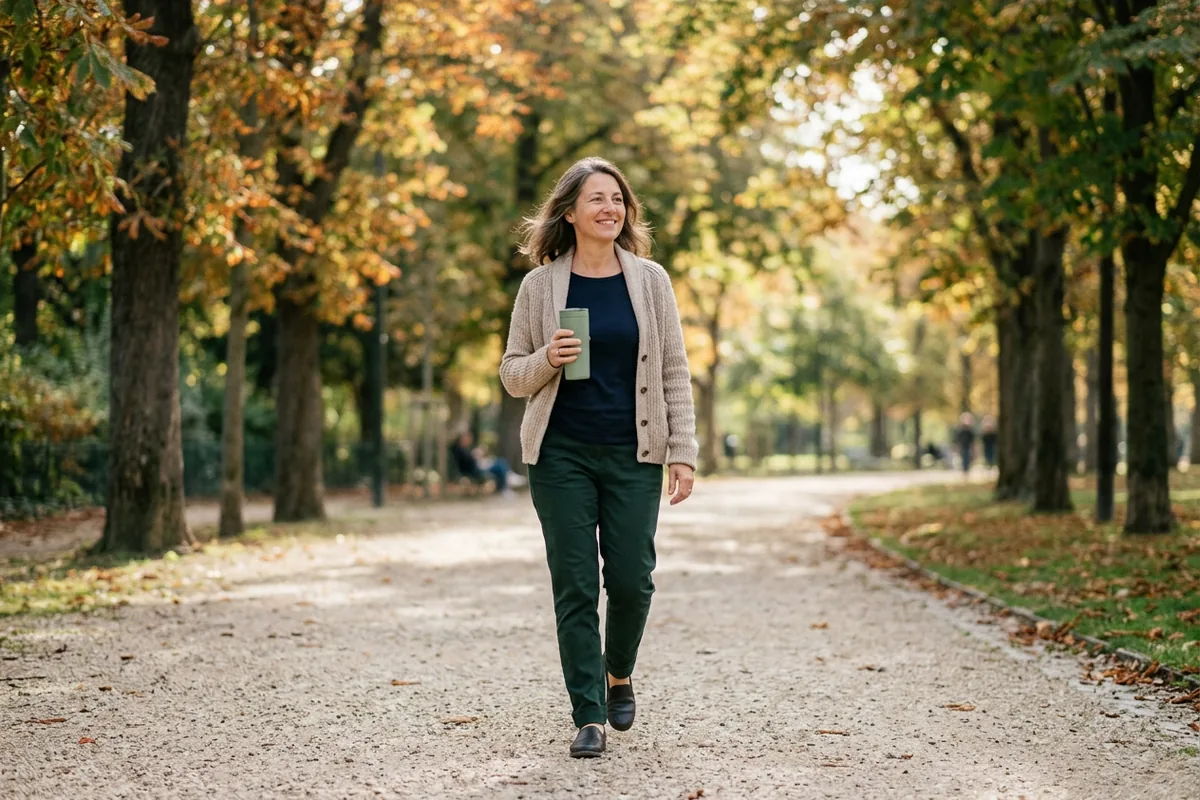 Femme qui marche dans une allée de parc avec une tasse isotherme de thé