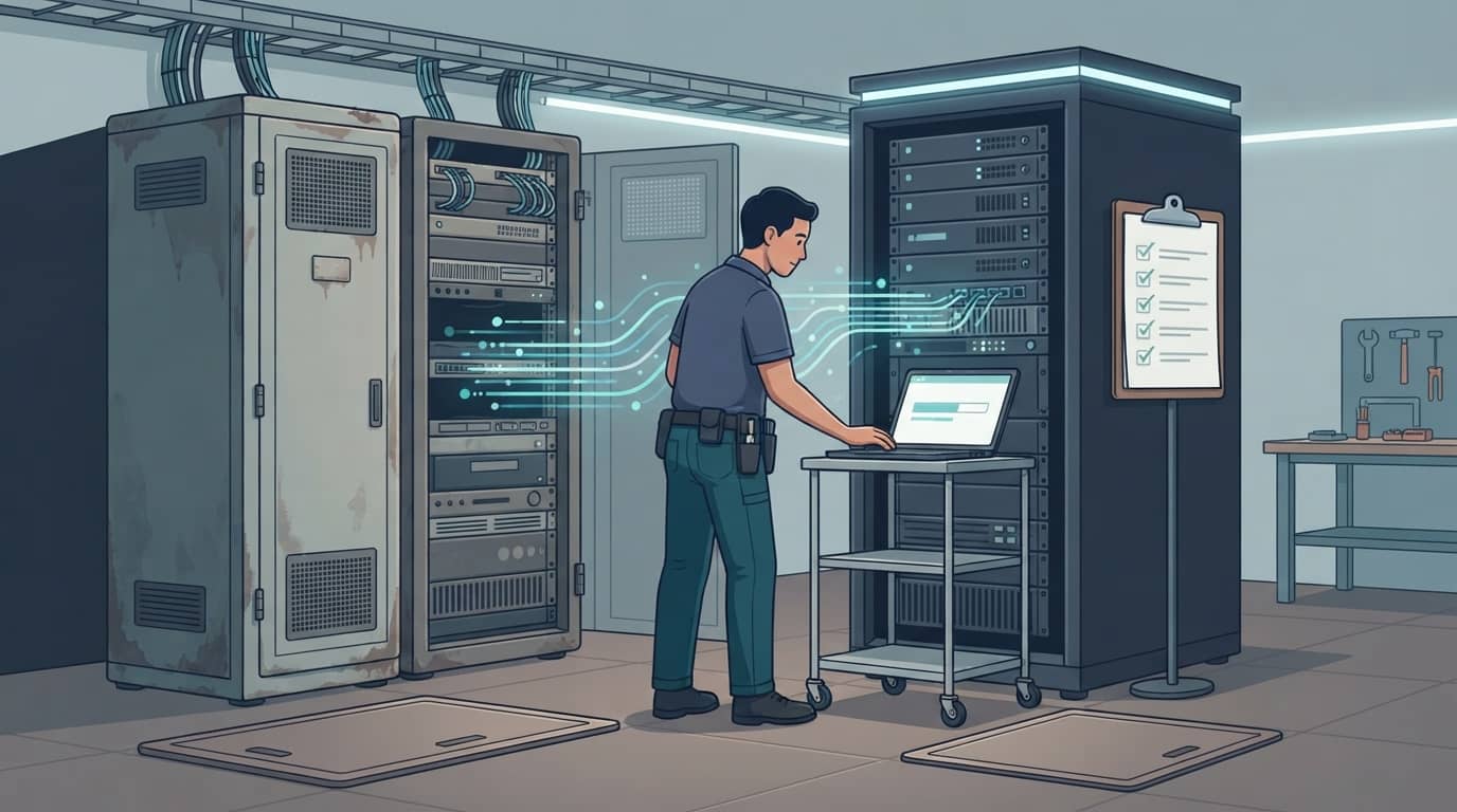 Illustration of an IT technician migrating data from an old server to a new server with a completed checklist nearby