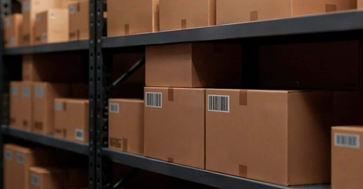 Warehouse storage unit close up of cardboard boxes on shelving