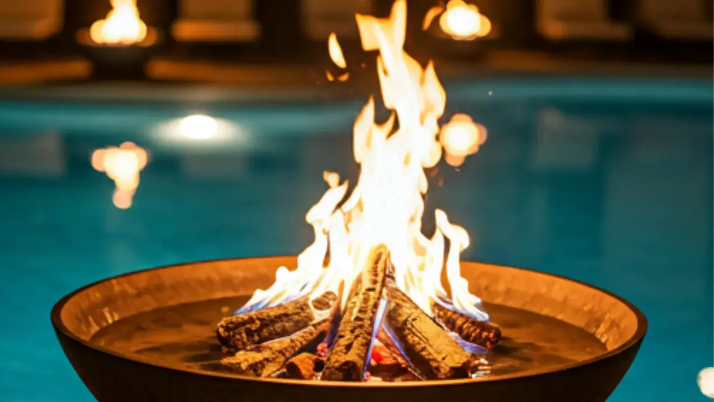 A captivating ambiance is created by a fire and water bowl by the pool at night, with blurred background and a dim ambient light creating a cozy atmosphere.