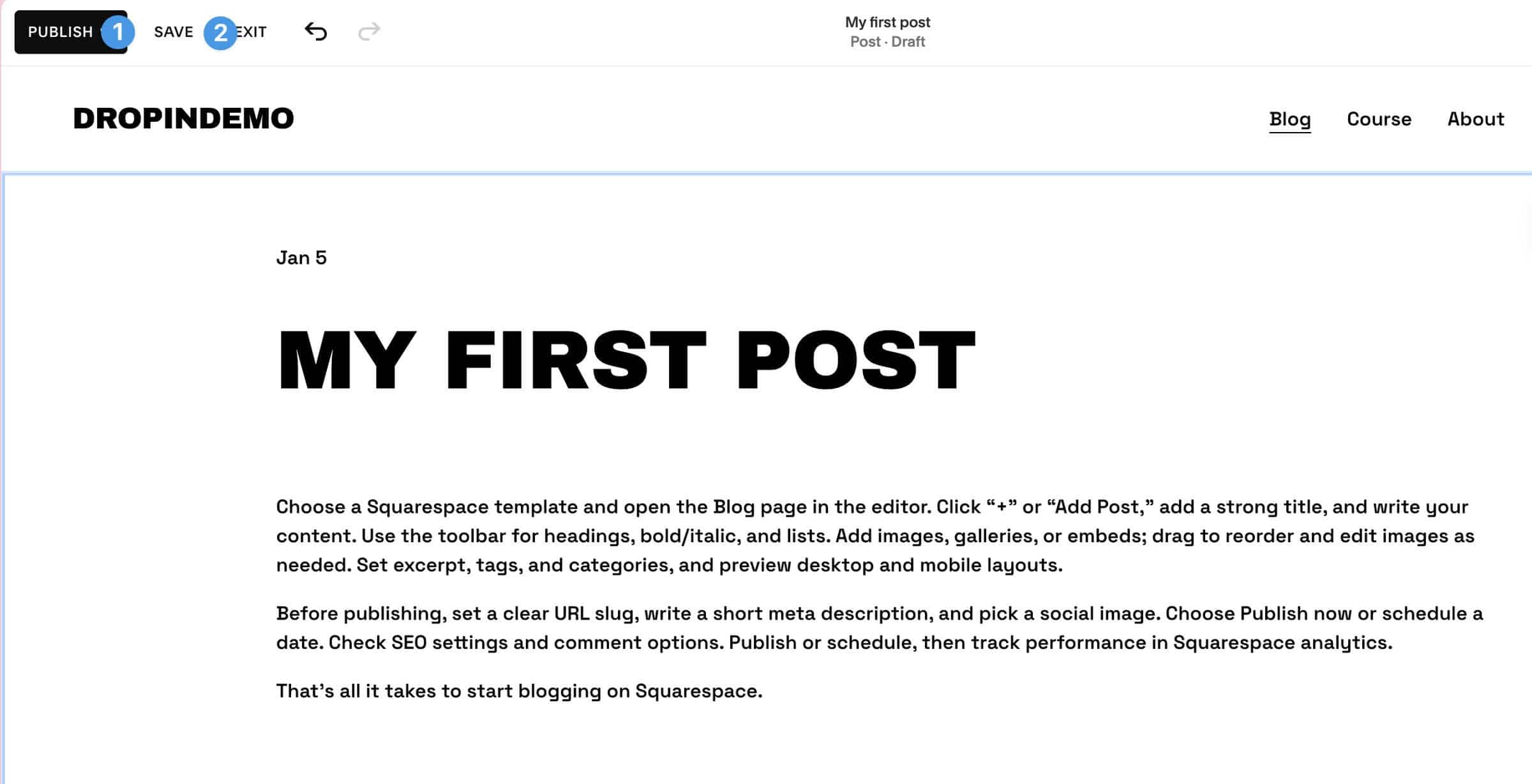 Save and publish a blog post in Squarespace