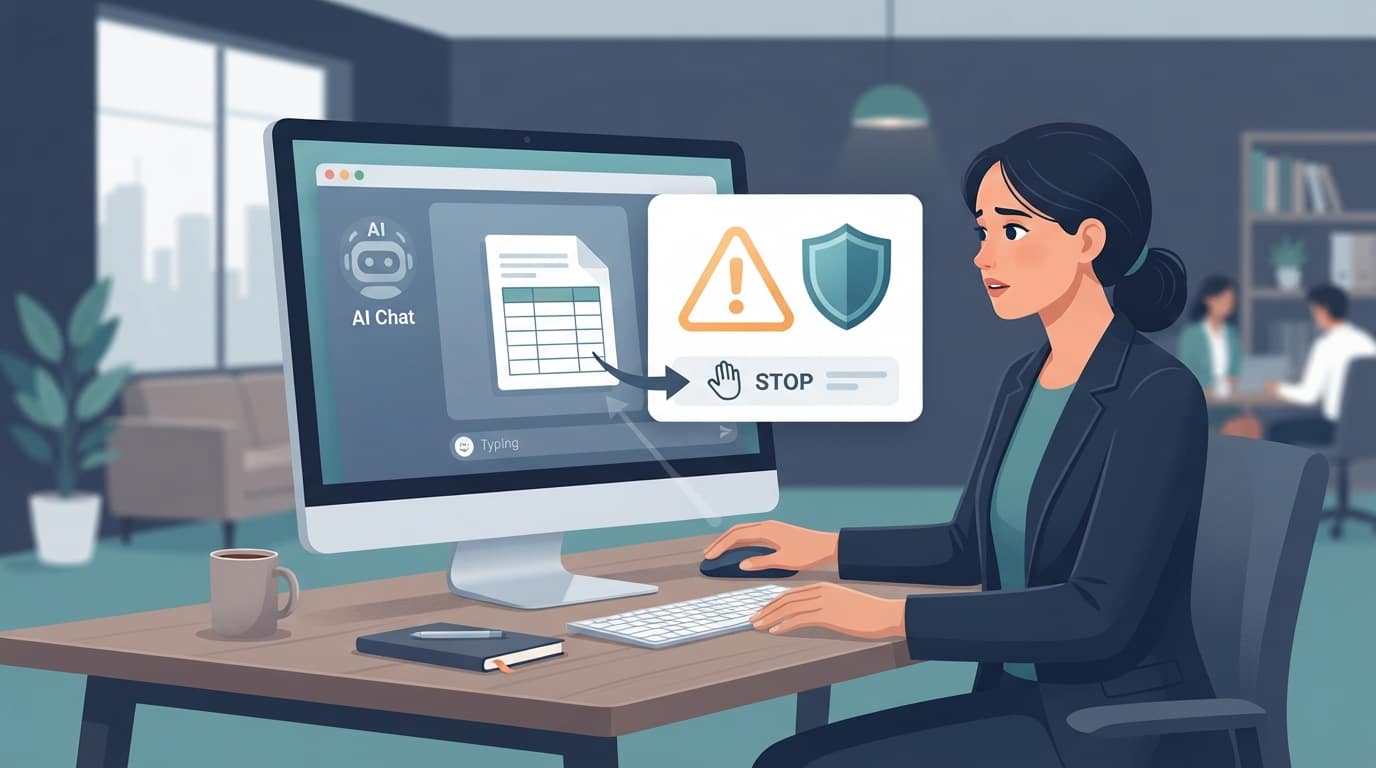 Illustration of an employee receiving a data loss prevention warning while trying to paste a spreadsheet into an AI chat tool