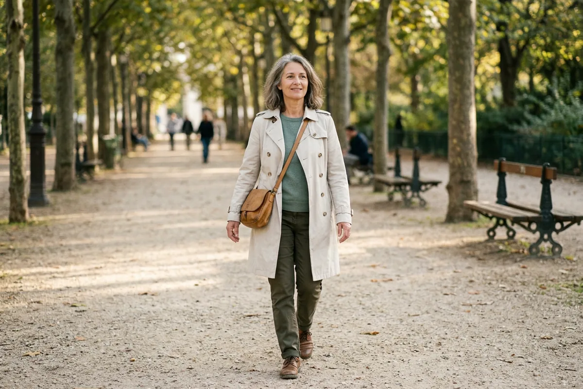 Femme d'une cinquantaine d'années qui marche dans une allée arborée en fin d'après-midi