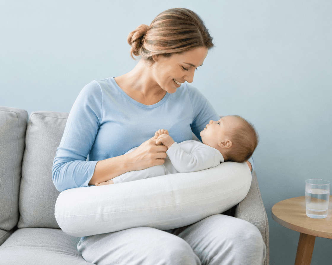 Witaminy dla mam karmiących: mama z niemowlęciem na poduszce do karmienia