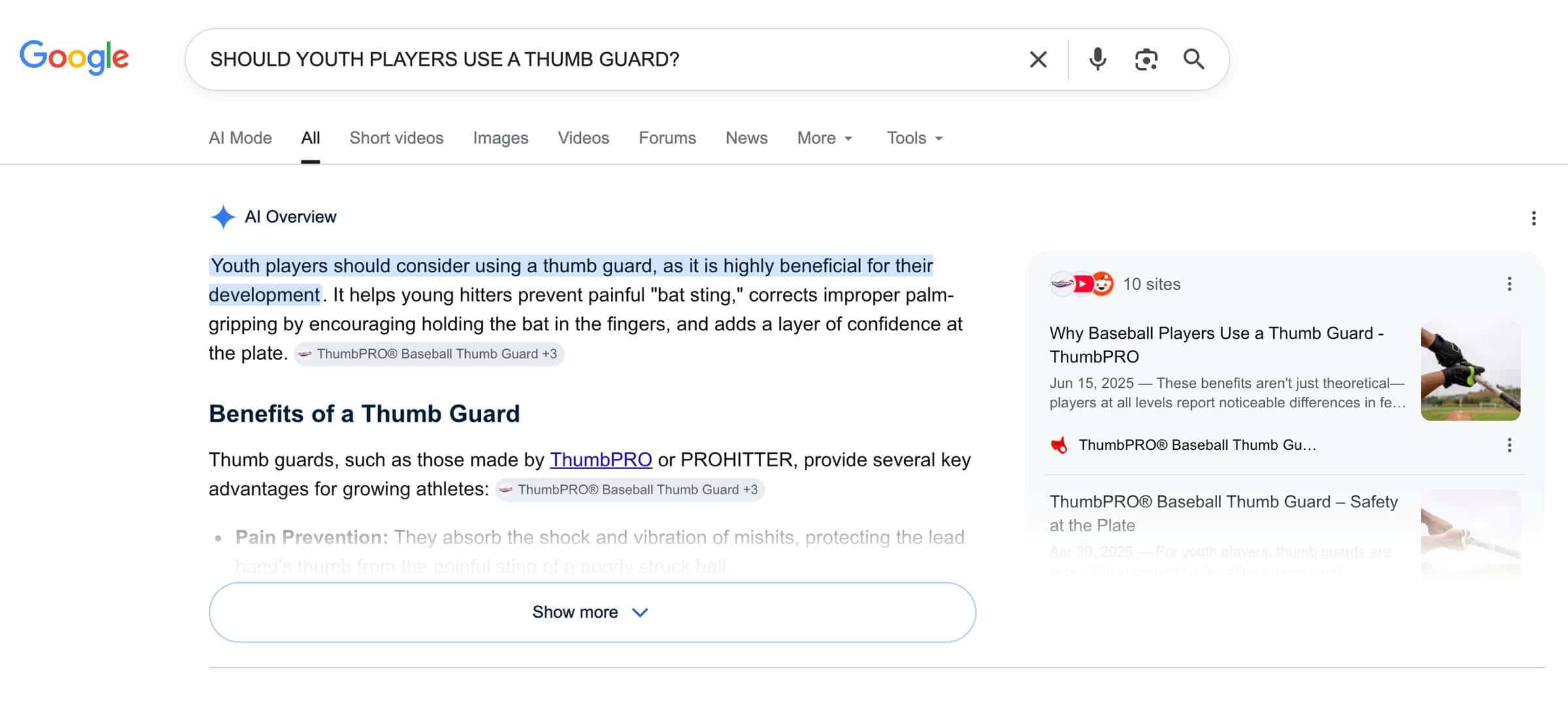 ThumbPRO ranking in AIOs for a thumb-guard-related query 