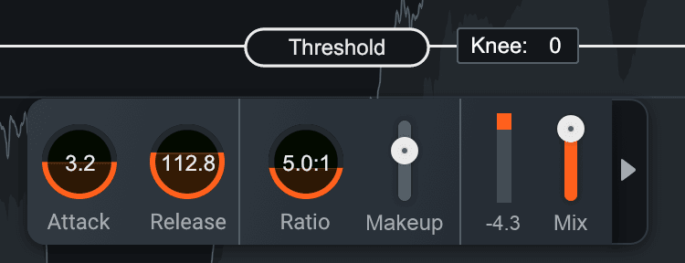 Compressor settings in Neutron, including gain reduction measured at -4.3dB
