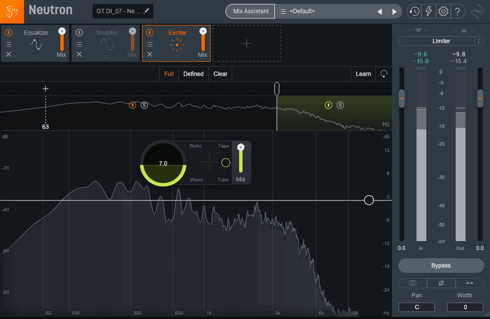 The Exciter is placed after the Equalizer and utilizes the third band to add some harmonic excitation blended between tube and tape styles