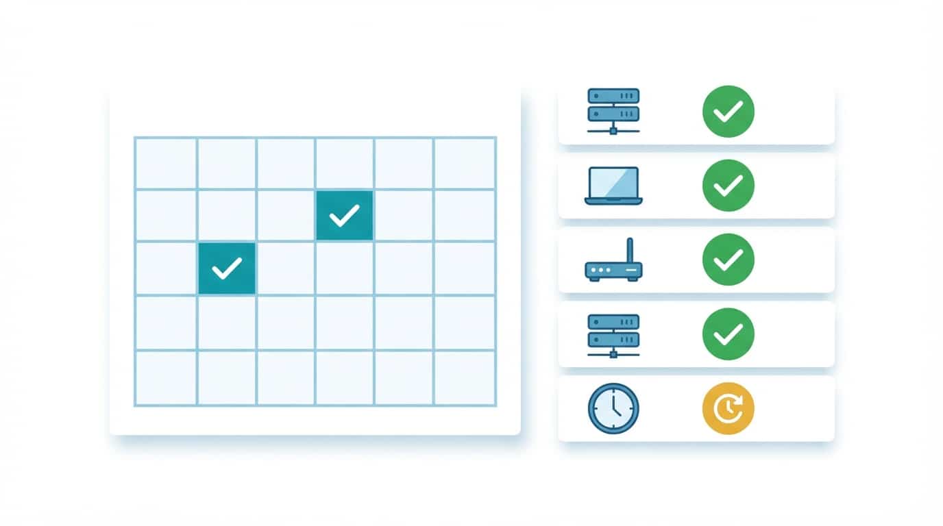 Calendar with scheduled maintenance windows and checkmarks beside a device status dashboard