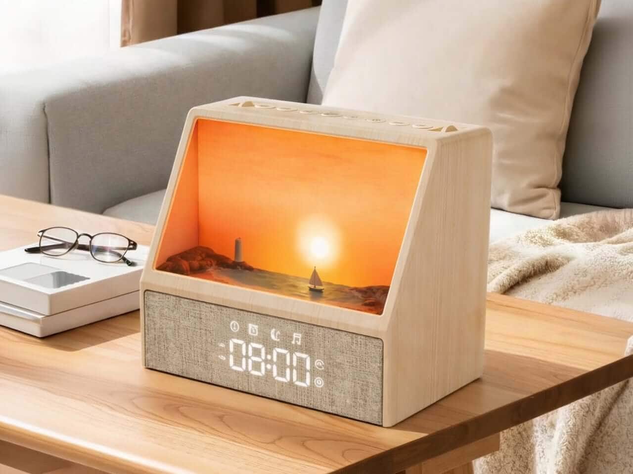 Close-up of SOLUME Sunrise Alarm Clock's warm glowing seascape and wood-grain finish