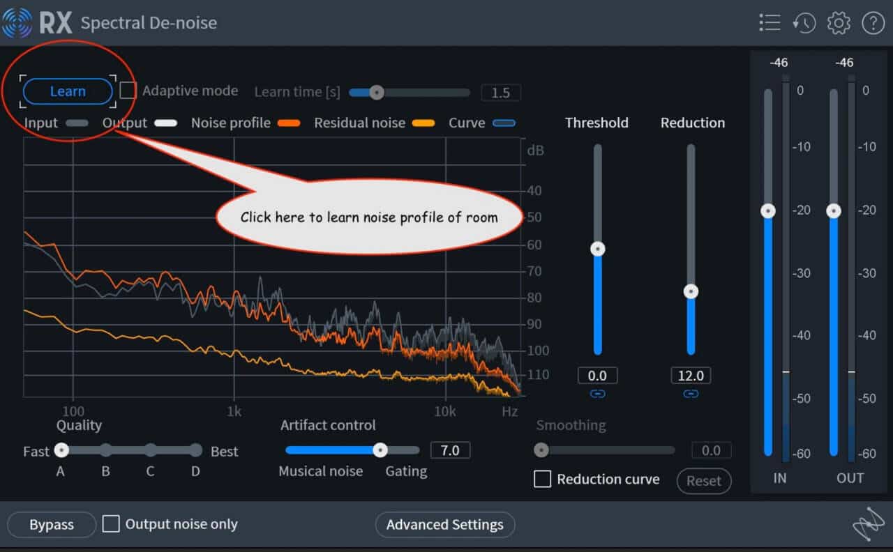 Selecting "Learn" in RX Spectral De-noise plug-in will learn the noise profile of the room