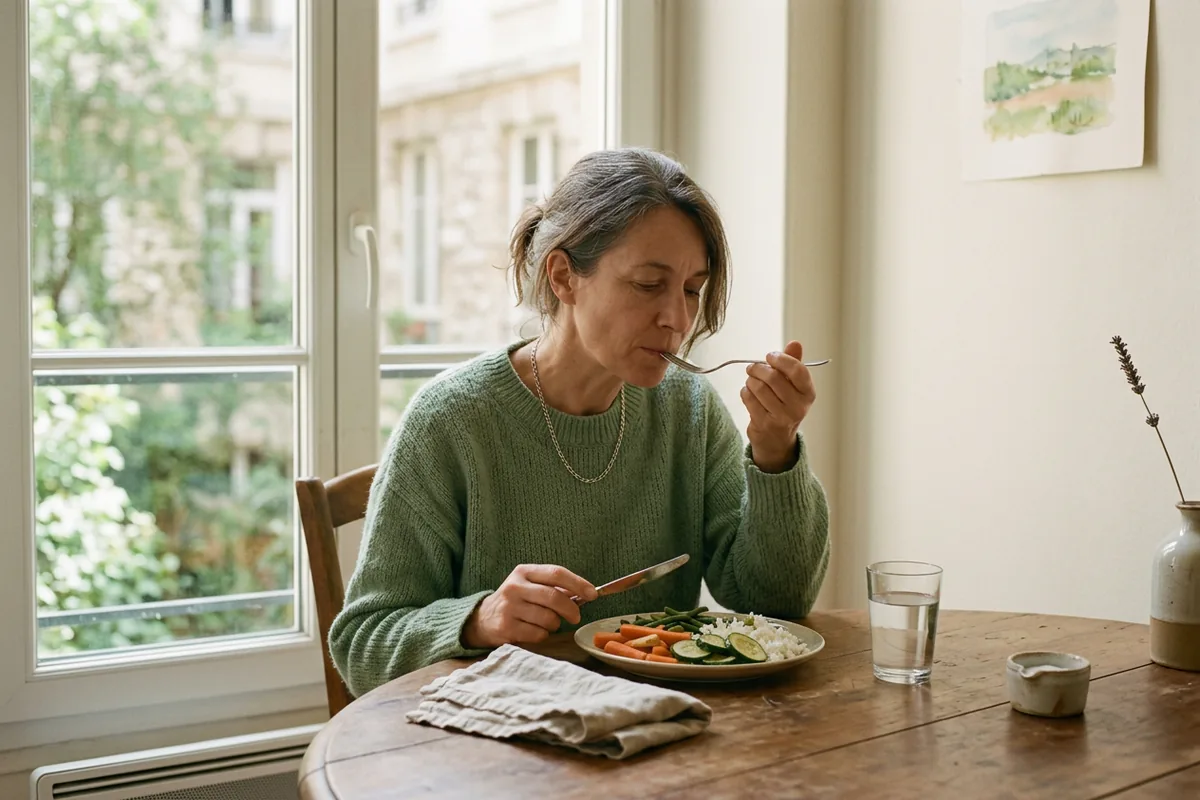 Femme d'une cinquantaine d'années qui déjeune lentement à sa table devant une assiette de légumes et de riz