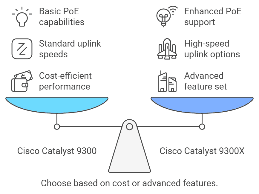 omparison of Cisco Catalyst 9300 and 9300X showcasing basic PoE, cost-efficient performance, and enhanced features like advanced PoE and high-speed uplinks.