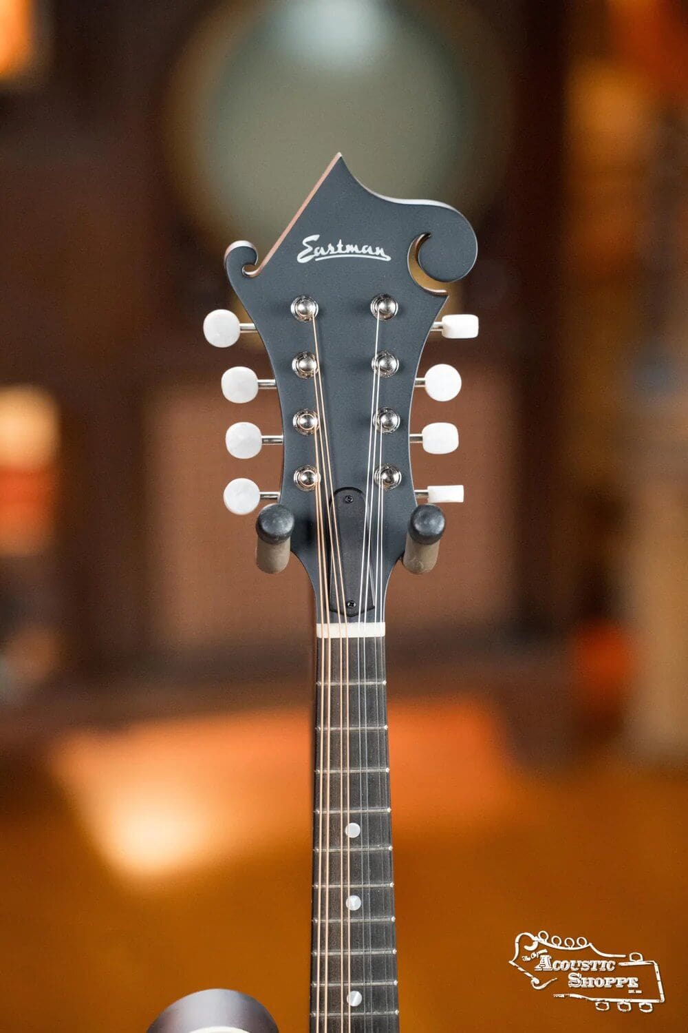 F-style mandolin headstock of Eastman MD315 F-Style Hand-Carved Mandolin