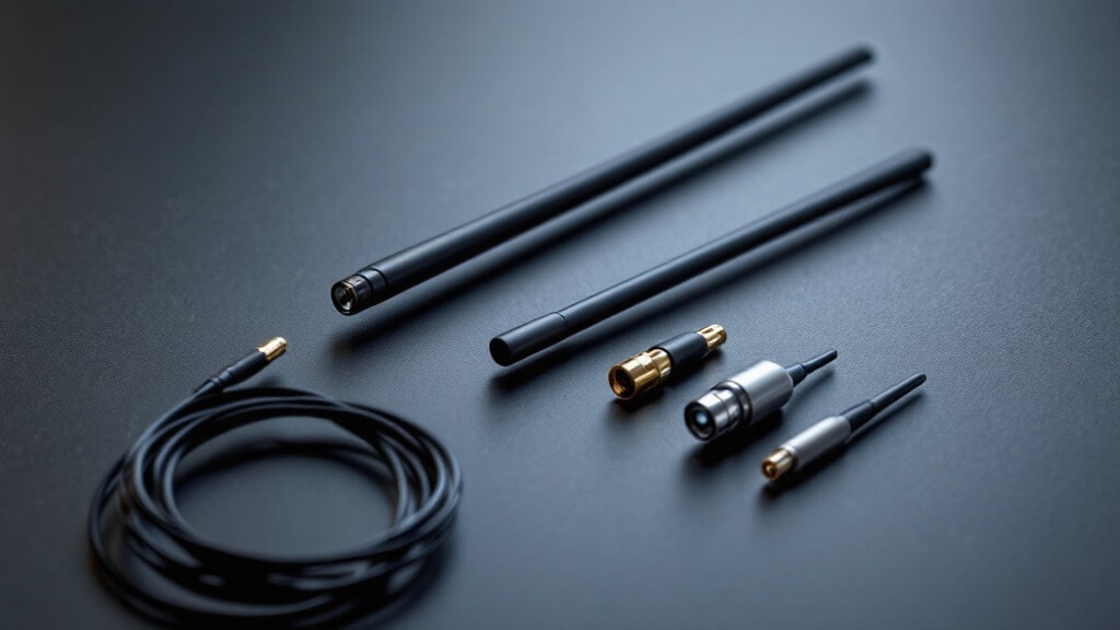 2.4 GHz WiFi antennas on a workbench: omnidirectional dipole with RP-SMA connector, flat panel antenna, small Yagi, and coiled low-loss coax cable