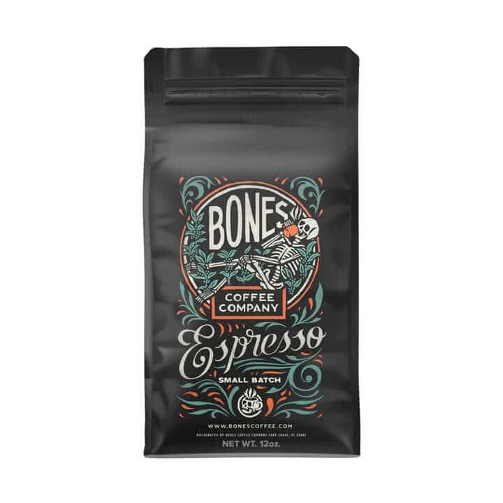 Bones Coffee Company espresso bag with skeleton design