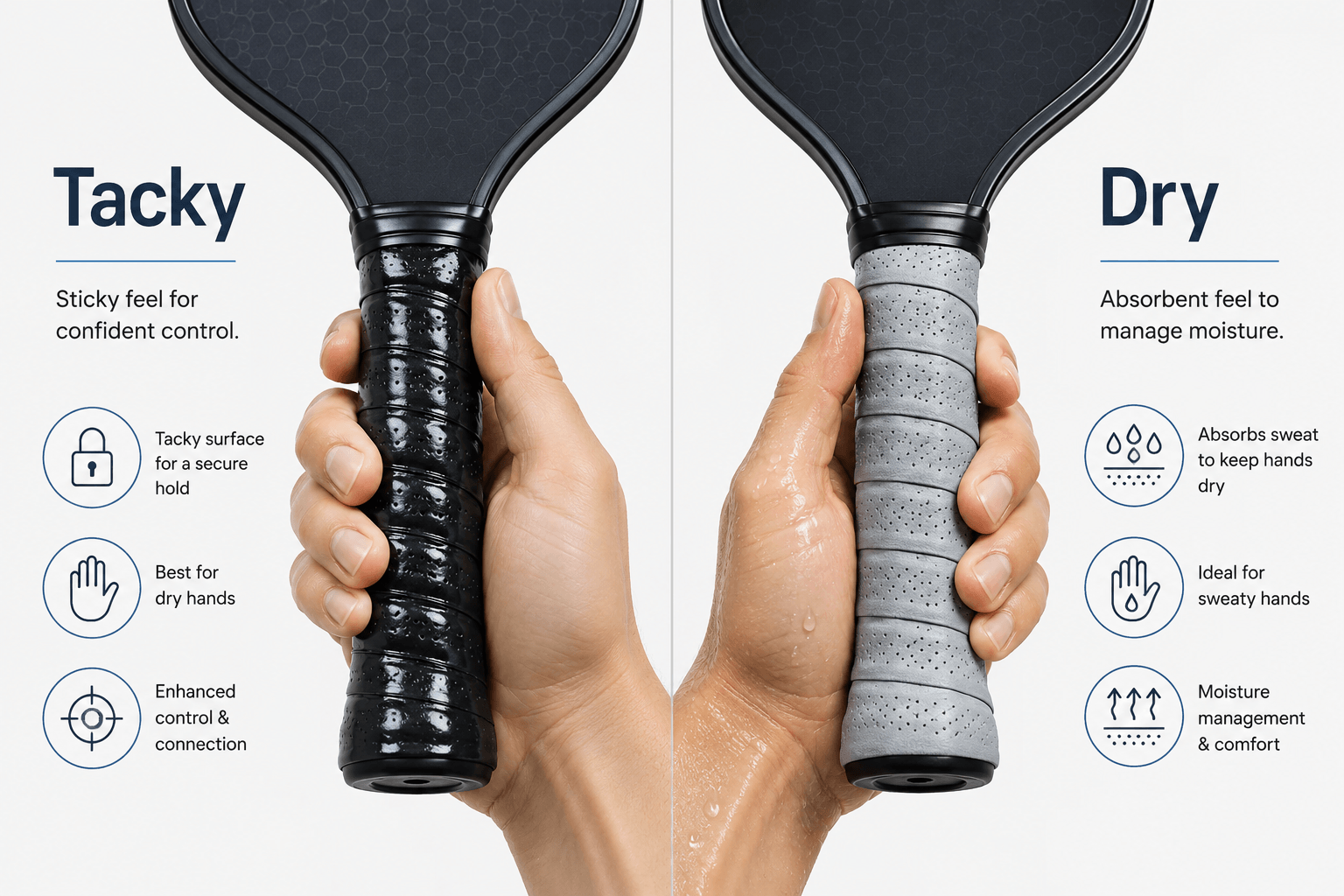 Pickleball overgrip comparison — tacky vs dry absorbent grip textures