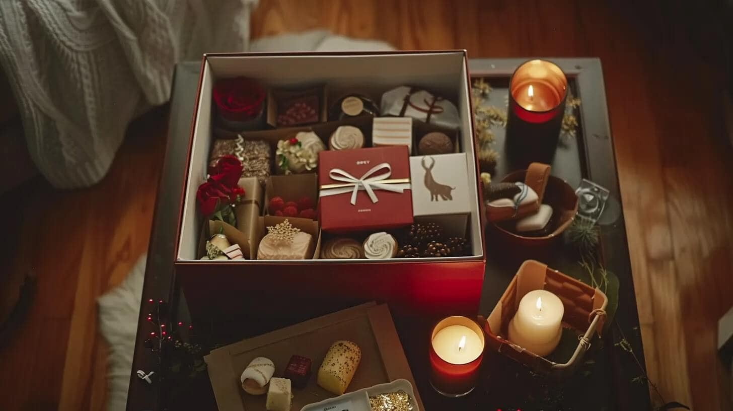 a beautifully arranged college care package overflowing with personalized items like heartfelt notes, vibrant photos, and themed treats, all set against a warm, inviting backdrop that radiates love and support.