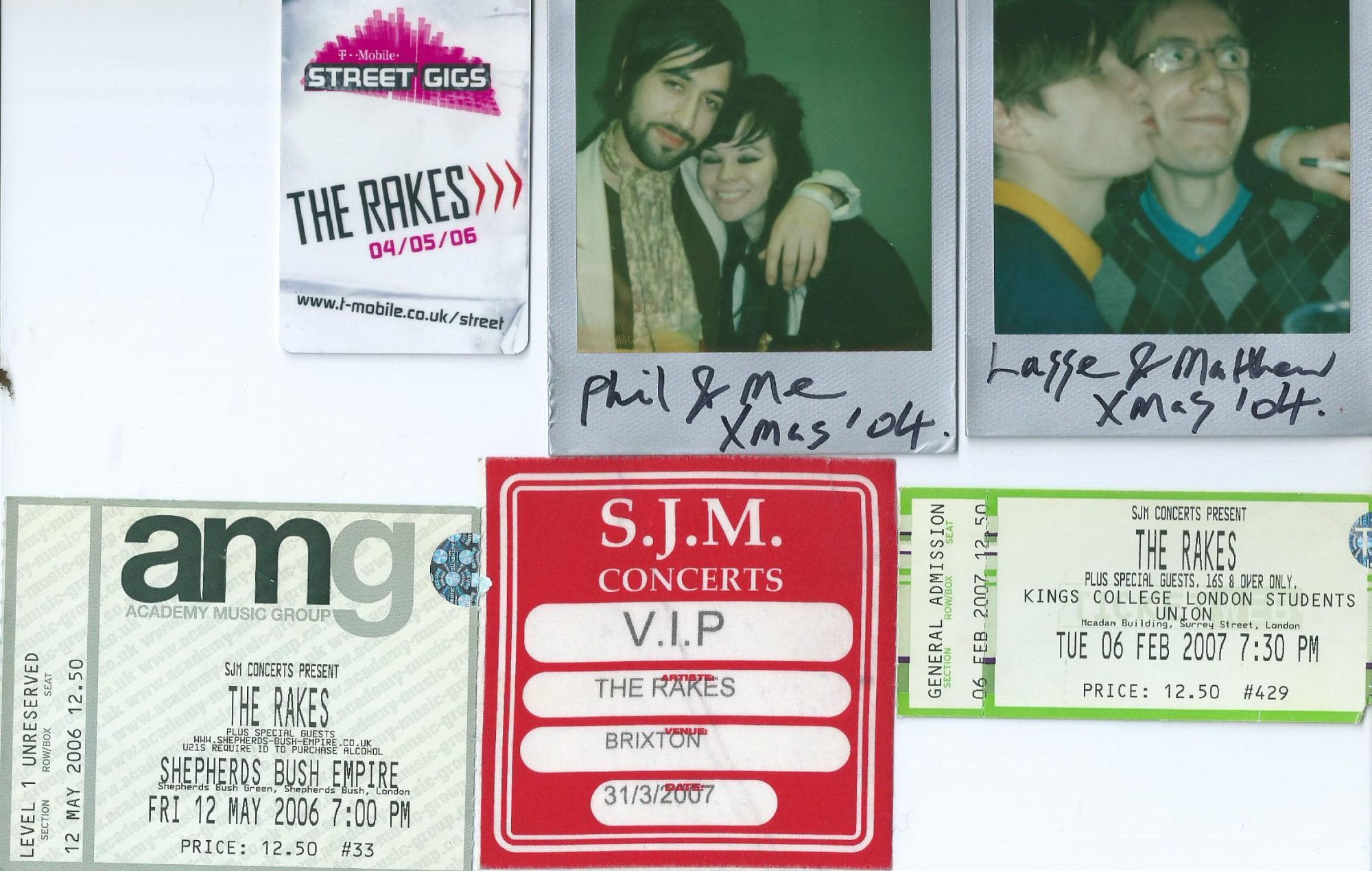 A selection of backstage passes and photographs with The Rakes. Credit: Janine Warren