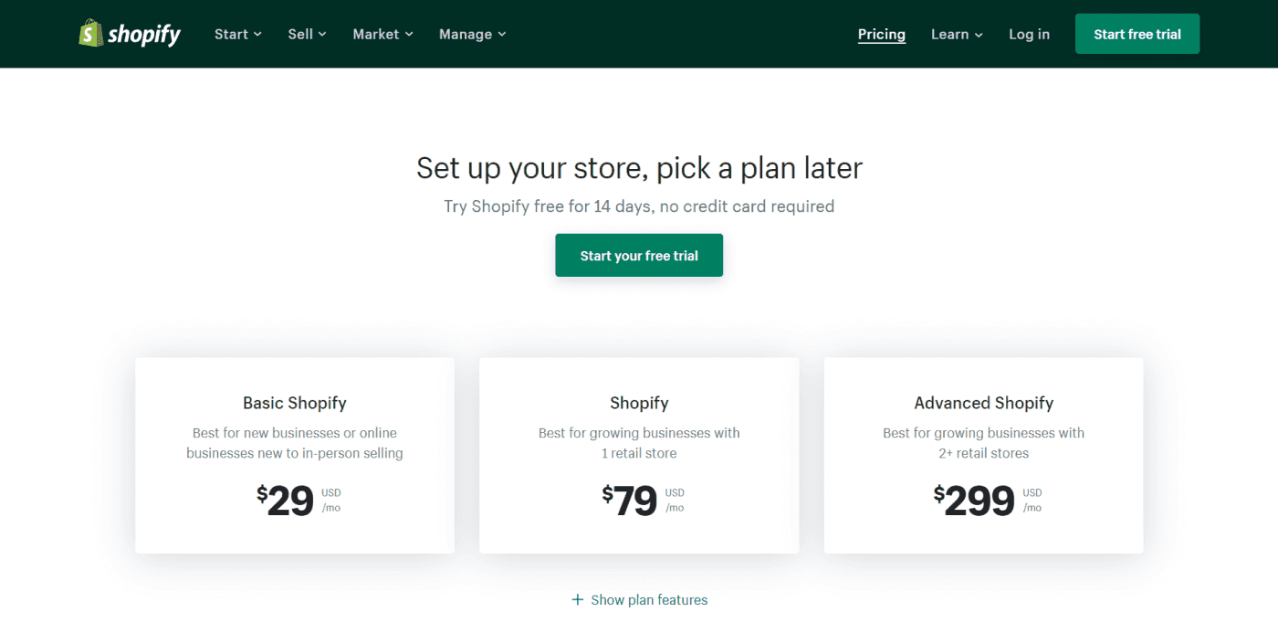 Shopify vs. Etsy, Shopify pricing plans
