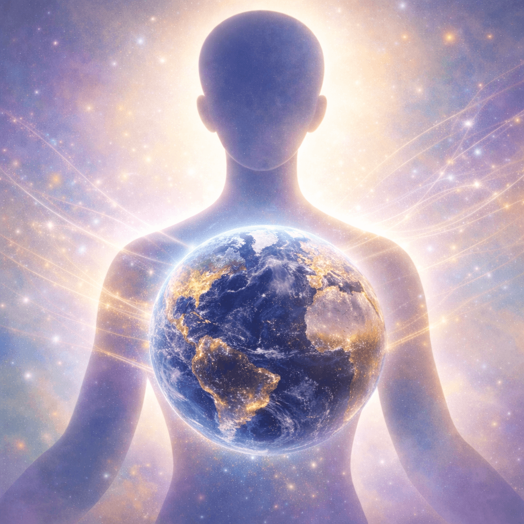 Minimalist illustration of a human silhouette with the Earth glowing inside the chest, showing all continents, symbolizing awareness and healing the world through individual transformation.