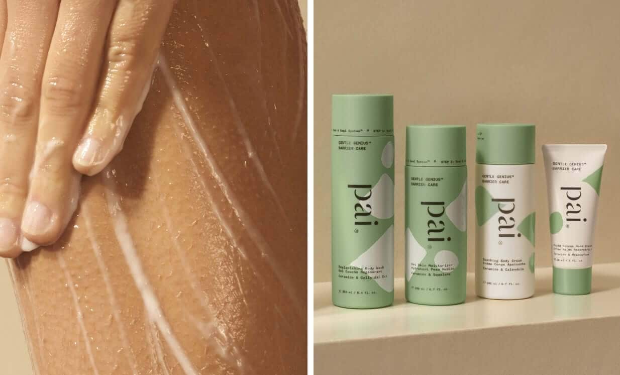 Pai Gentle Genius Barrier Care ceramide body care collection featuring hand cream, body moisturiser and wet skin moisturiser