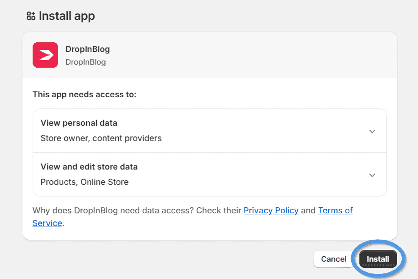 Shopify blog install step