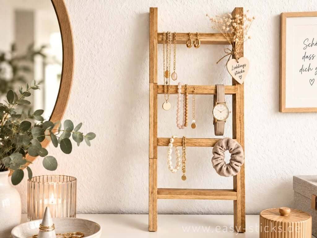 Schmuck auf der Holzleiter drapiert