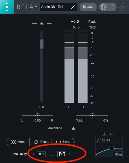 Instantiate a stereo version of Relay on the guitar track, and you can delay one of the channels