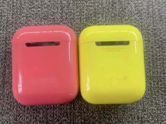 Close-up on colorful AirPods prototypes