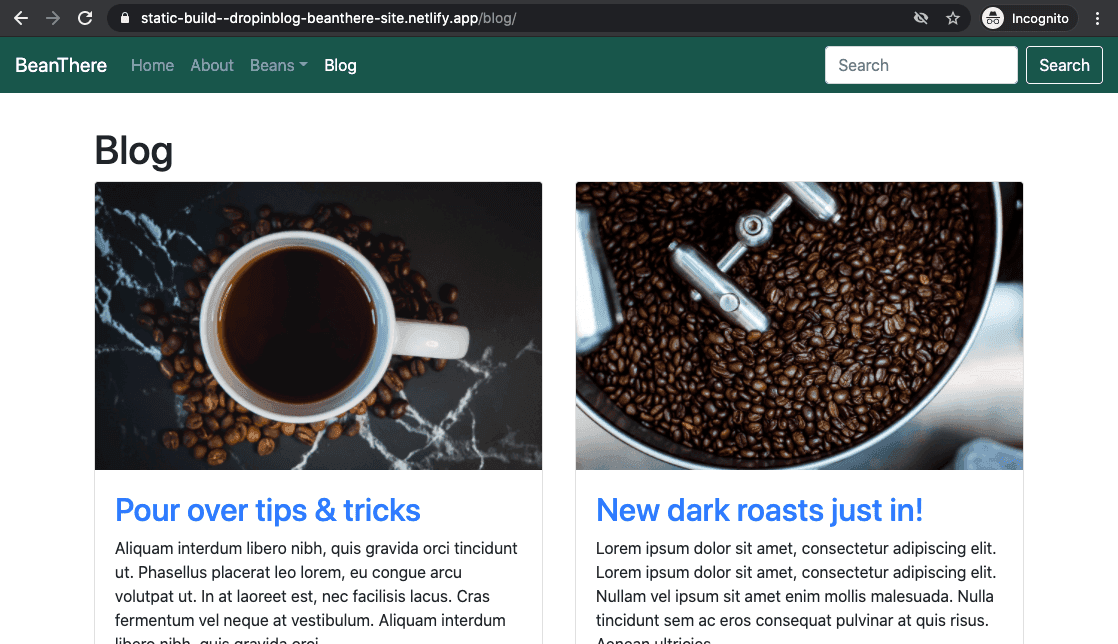 Existing example website blog, using DropInBlog embed option