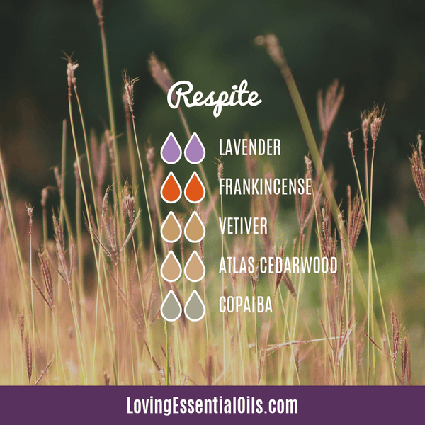 Respite diffuser blend with lavender, frankincense, vetiver, Atlas cedarwood and copaiba