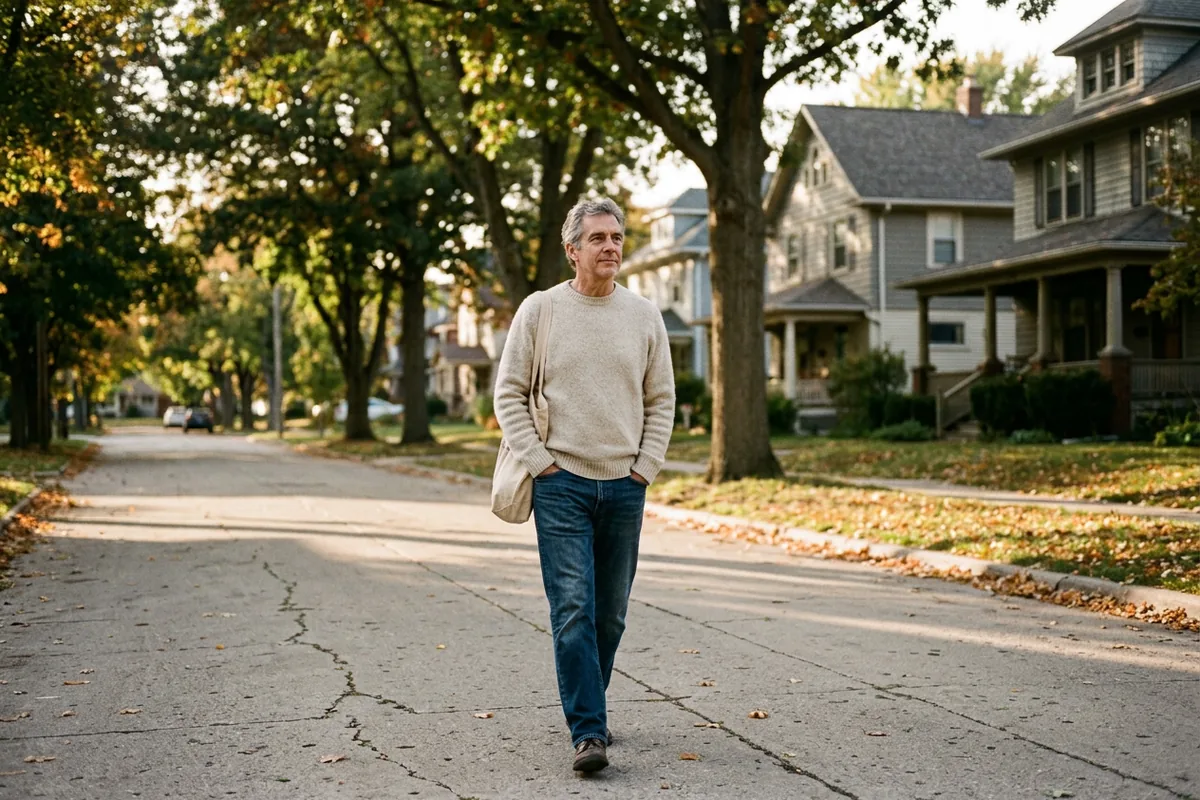 Man in his early sixties taking an easy walk in his neighborhood during recovery after hemorrhoid banding