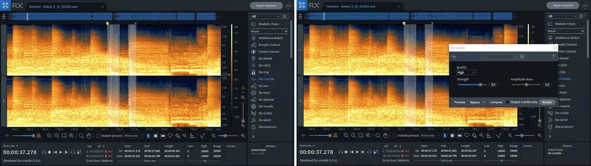 Using RX 7's De-crackle module to fix distortion in the kick