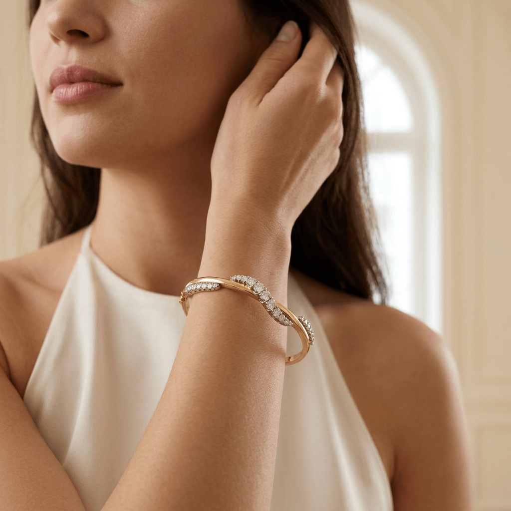 CZ Two-Tone Curved Wave Statement Bangle