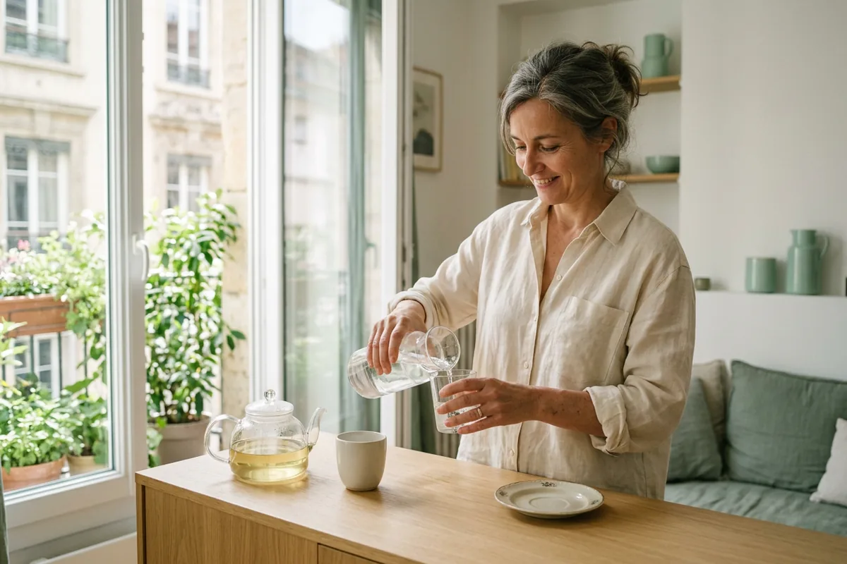 Femme qui se sert un verre d'eau à côté d'une théière de tisane le matin