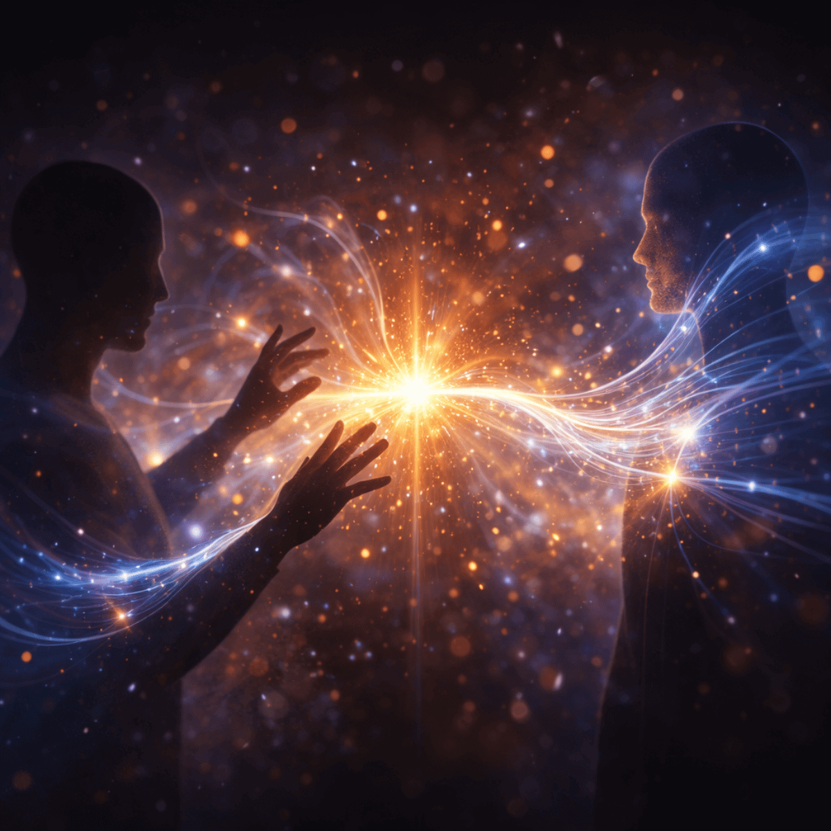 Image of two human silhouettes connected by a radiant spark, illustrating catalyst for change through flowing Reconnective Healing® frequencies between facilitator and receiver.