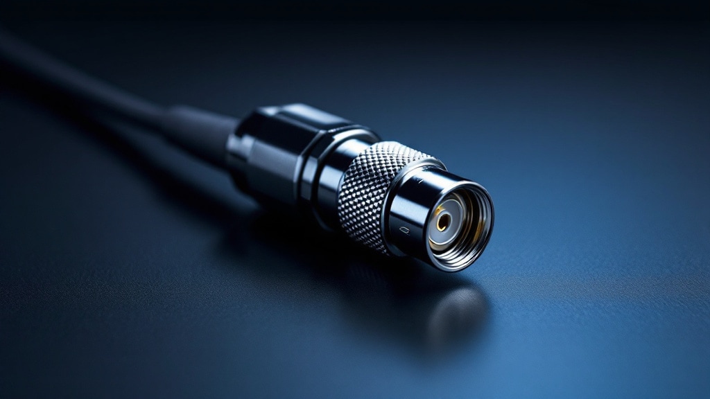 Silver N-type RF coaxial connector with knurled threaded coupling nut mounted on LMR-400 low-loss coaxial cable