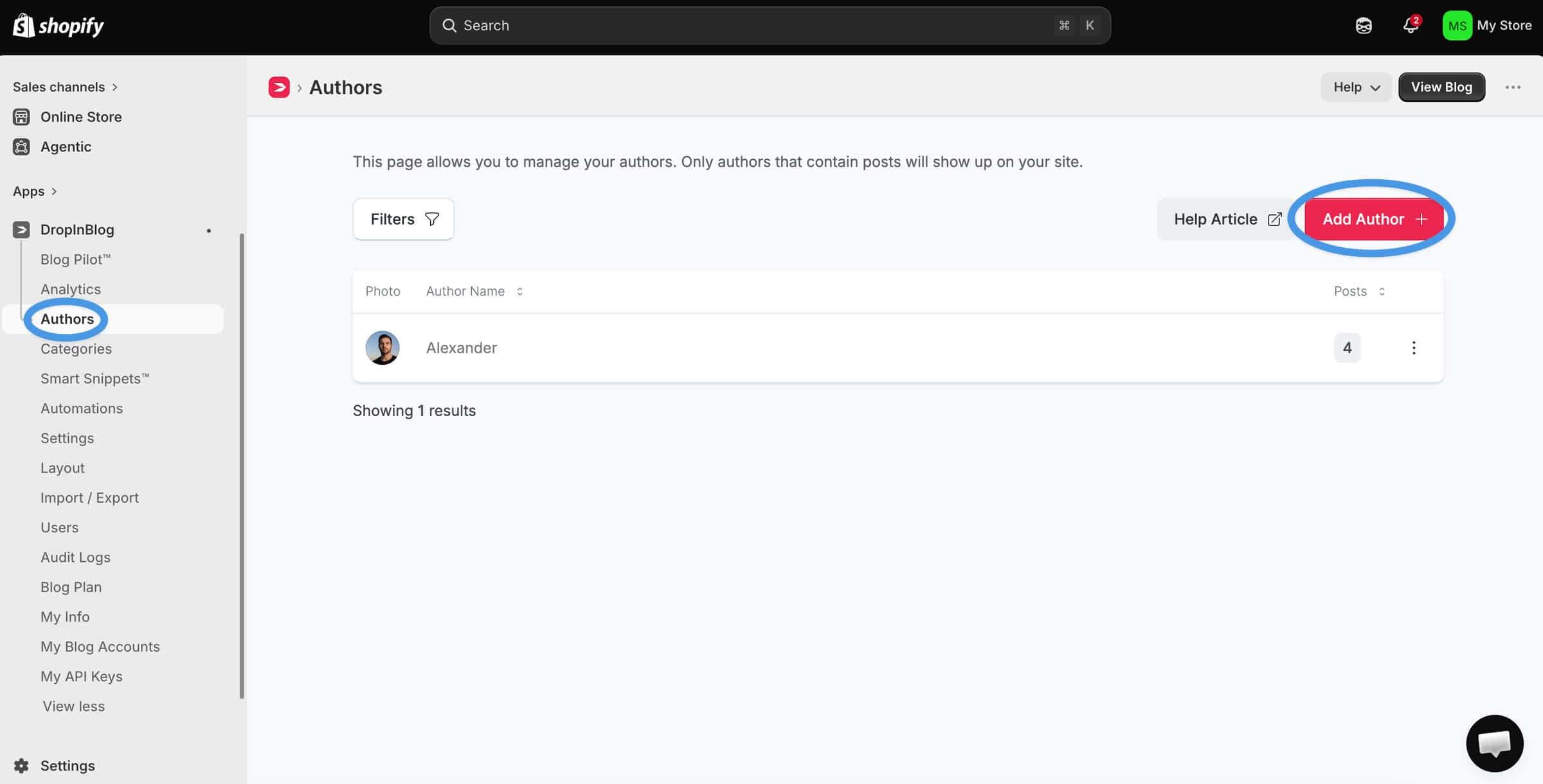 Add authors to Shopify with DropInBlog