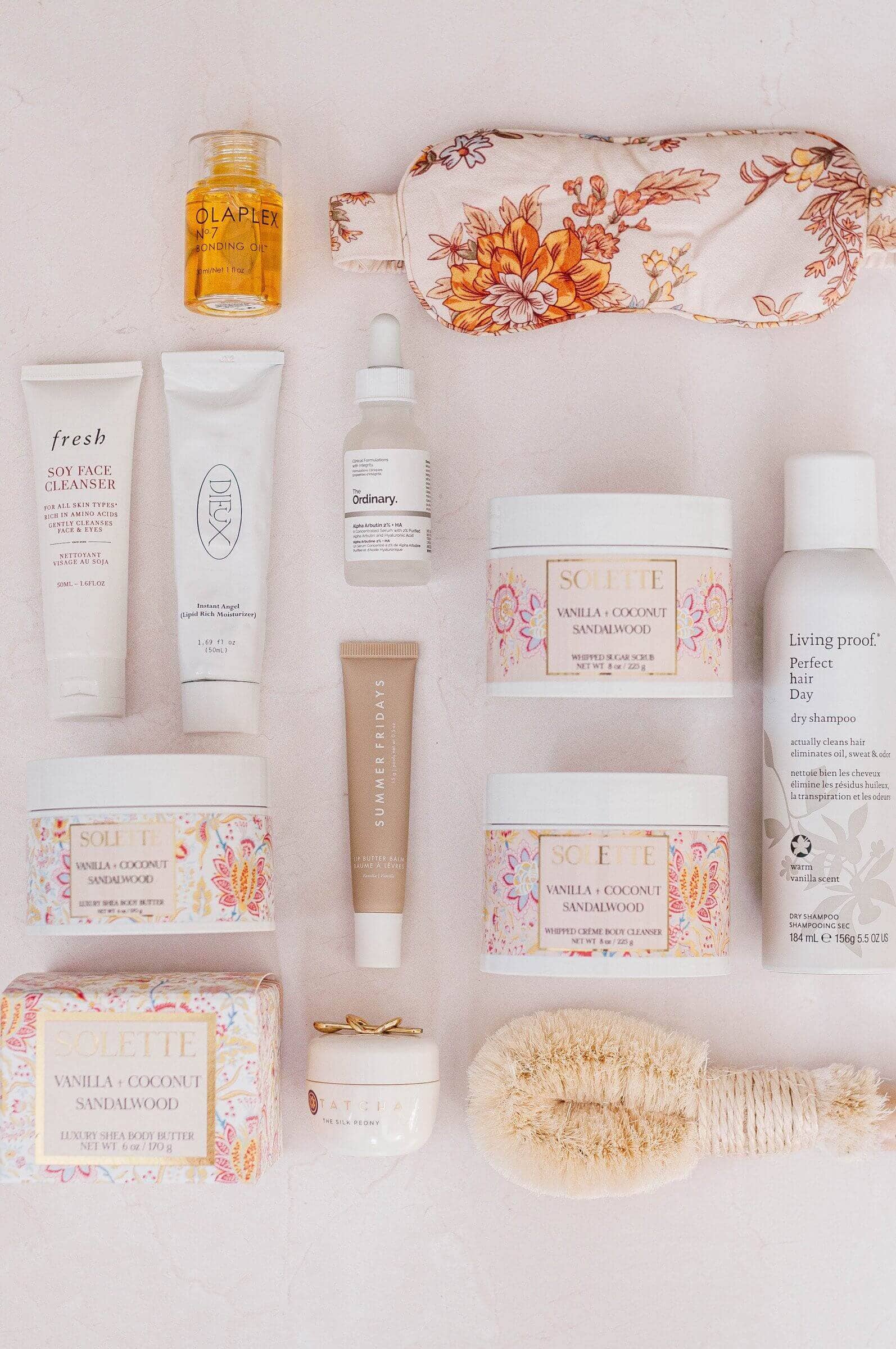 flatlay of beauty products from solette and other expensive body products