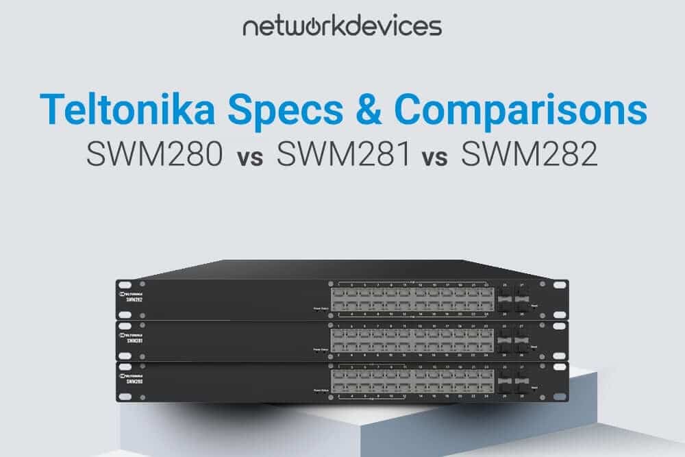 Teltonika SWM280, SWM281, and SWM282 24-port managed switches comparison banner from Network Devices.