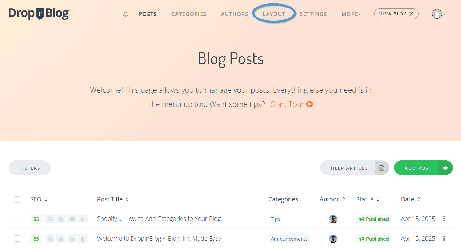 Layout tab within DropInBlog's admin dashboard