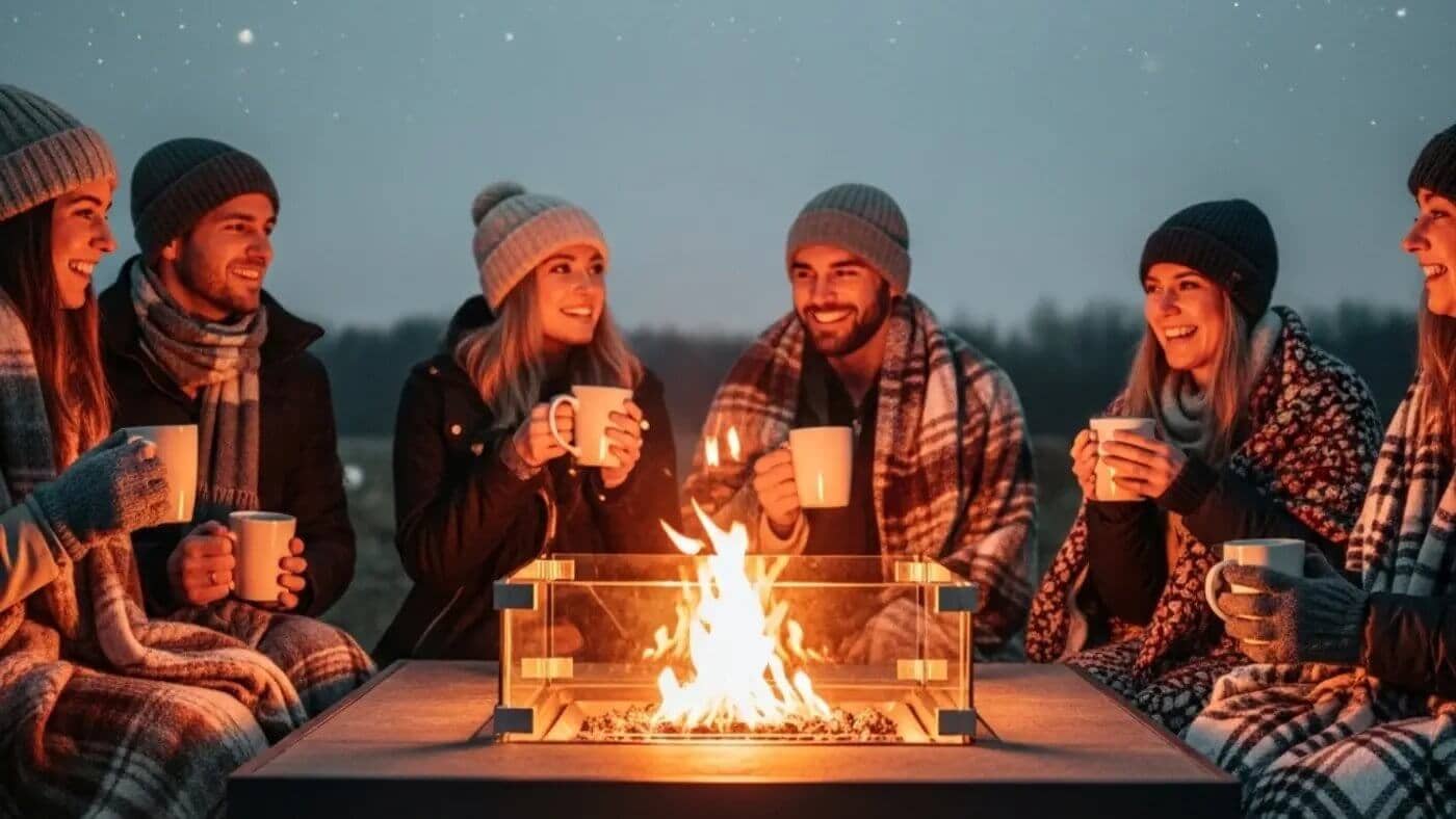 A group of friends bundled in blankets, holding mugs and smiling around an outdoor fire pit table at night.
