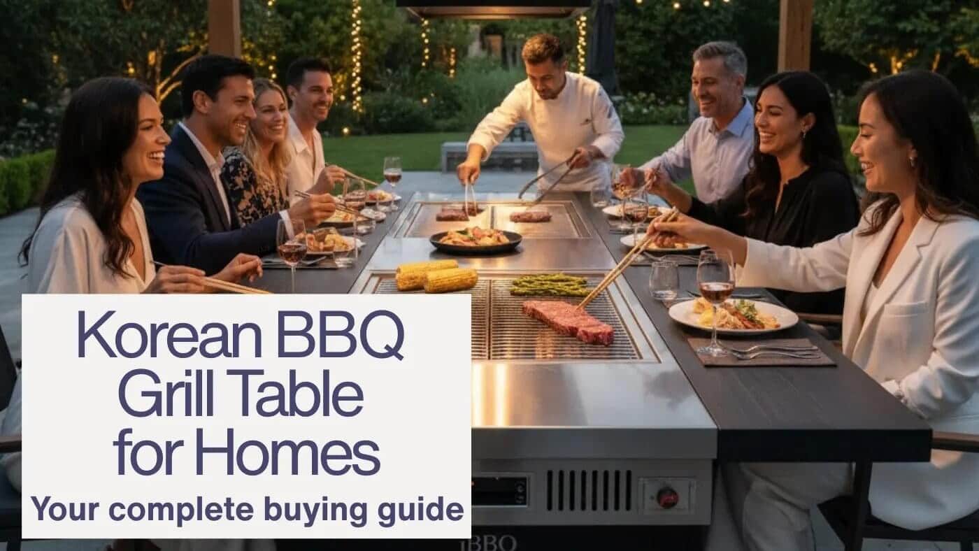 A vibrant outdoor evening scene showing a group of friends gathered around a large, rectangular Korean BBQ grill table. A professional chef in a white uniform is assisting at the center while guests use chopsticks to cook various meats on multiple re